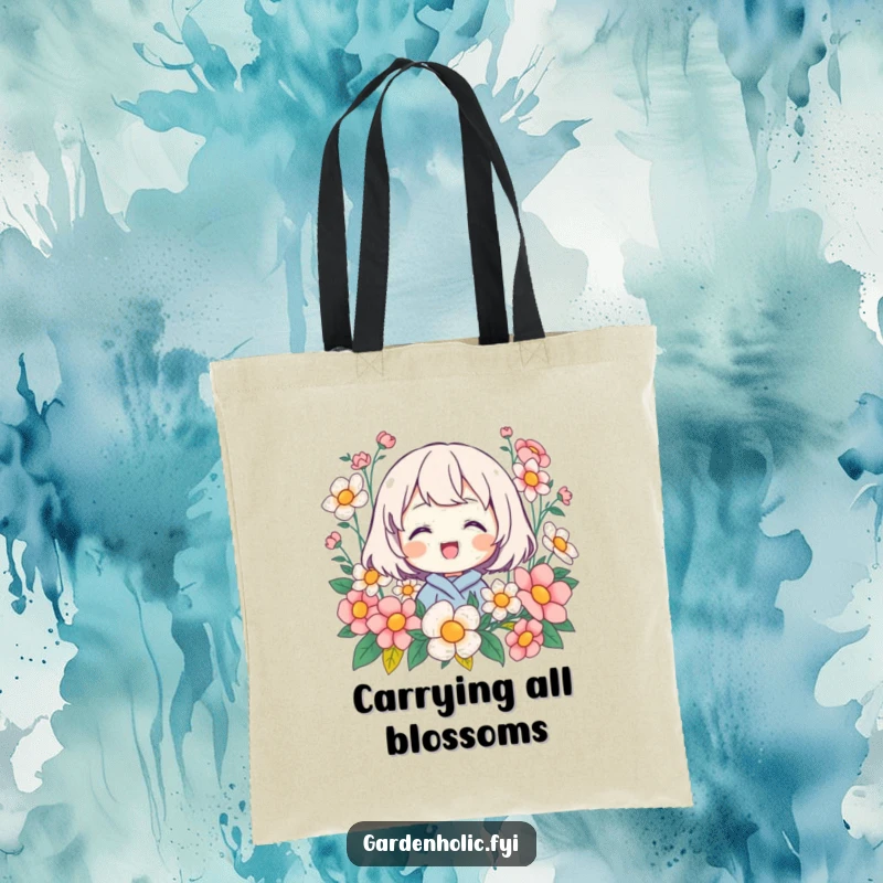 Funny tote bag featuring a happy character beaming amidst blooming flowers, ideal for carrying gardening essentials with style.