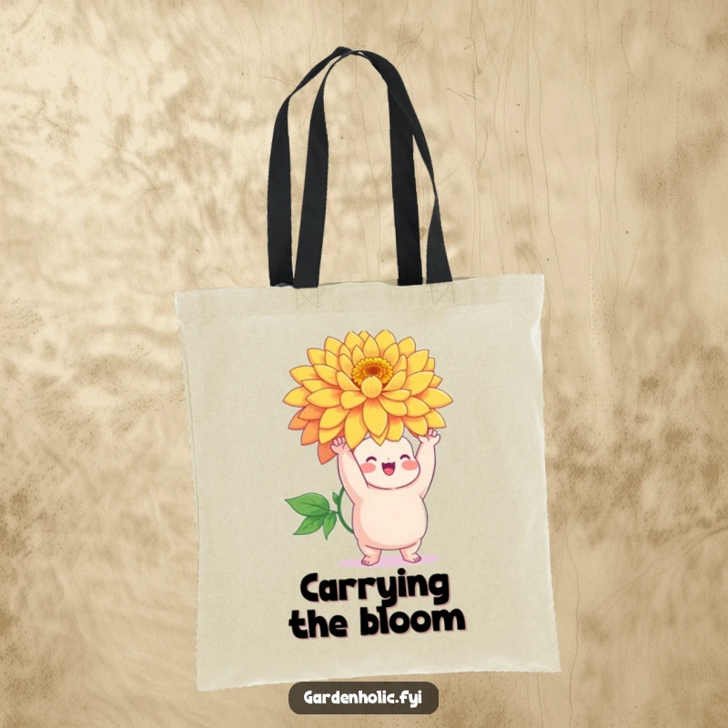 Funny tote bag with a chubby character triumphantly holding a giant, vibrant flower, ideal for carrying garden treasures.