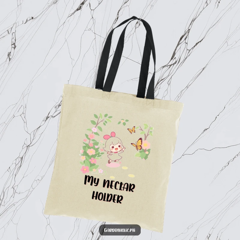 Funny tote bag with a character joyfully chasing a fluttering butterfly through a garden, perfect for carrying essentials with whimsy.