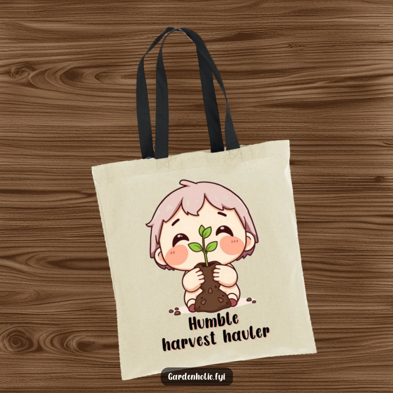 Funny tote bag illustrating a dirt-smudged character proudly holding a tiny seedling, representing the joy of gardening.
