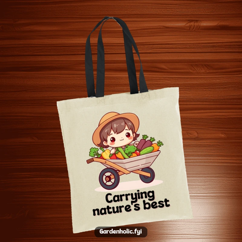 Funny Tote Bag: Character beaming, holding a wheelbarrow overflowing with vegetables, a humorous and practical accessory for gardeners, a funny gift.