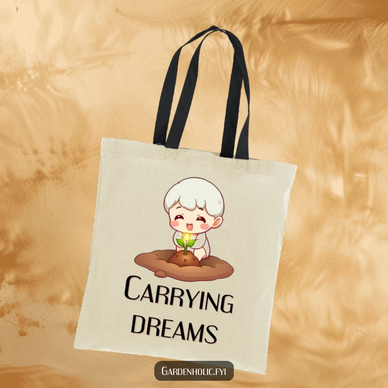 Funny Tote Bag: Character excitedly planting a tiny, glowing seed, perfect for stylish, humorous, and hopeful everyday carrying.