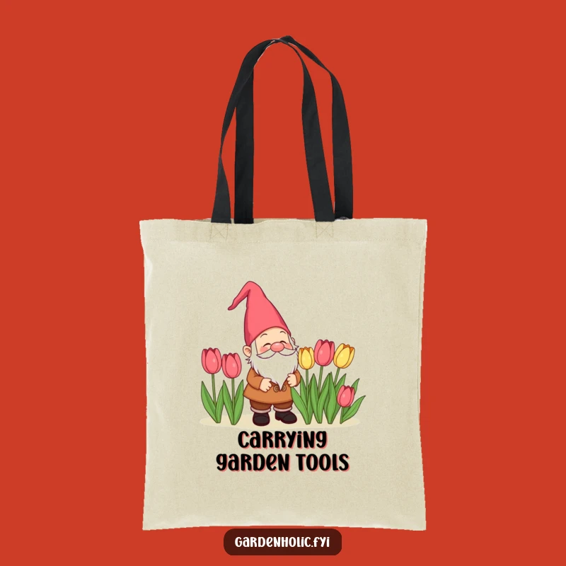 Funny Gnome Admiring Tulips Tote Bag: Garden Treasure Carry-All, Perfect Gift