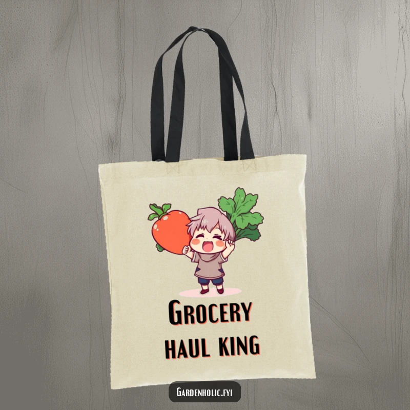 Funny tote bag with a celebratory character proudly displaying a gigantic, colorful vegetable, ideal for shopping and carrying essentials.