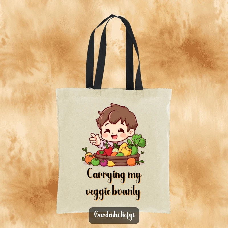 Funny tote bag featuring a smiling character gesturing towards a miniature vegetable harvest, perfect for eco-conscious shoppers.