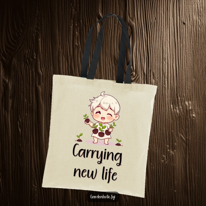 Funny tote bag featuring a cheerful character juggling three tiny seedlings, perfect for carrying plants and gardening supplies.