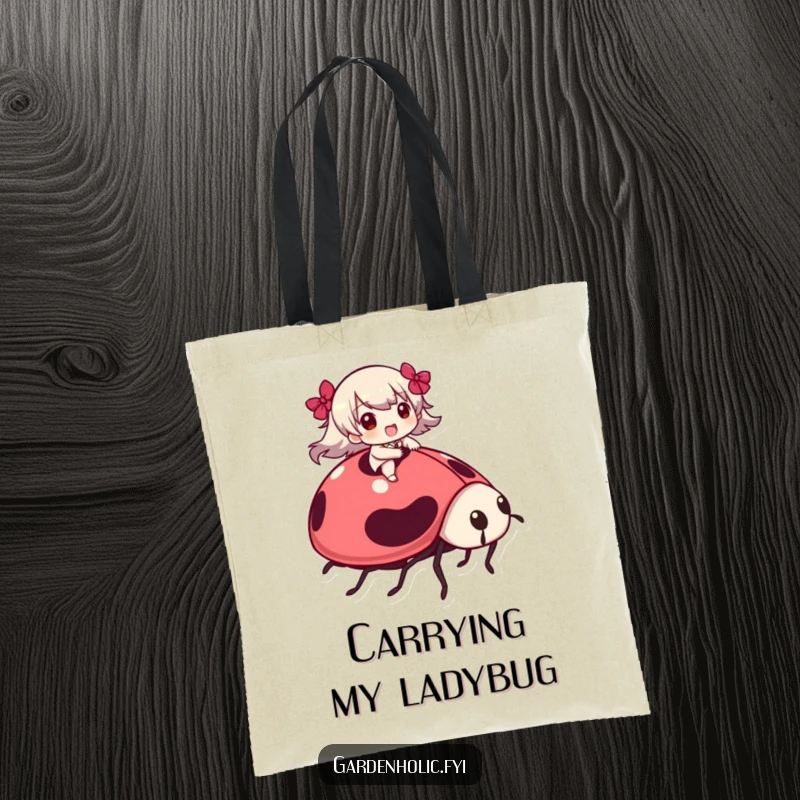 Funny Tote Bag: A character happily rides on the back of a giant ladybug, showcasing a fun and whimsical journey.