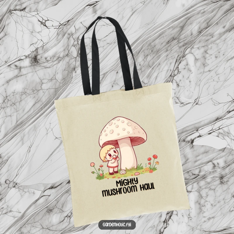 Funny Tote Bag: A character excitedly inspects a giant mushroom glistening with dew, a humorous nature exploration.