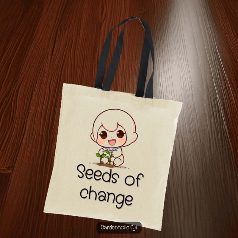 Funny tote bag with a small, excited character planting a tiny seed with a determined smile, great for carrying essentials.