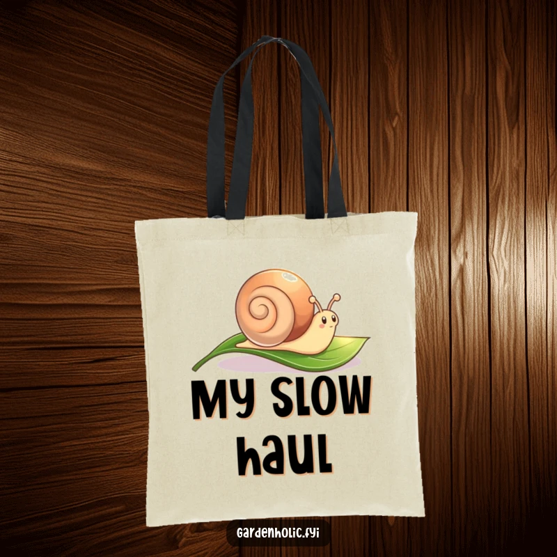 Funny Snail Tote Bag: A cute character leaving a shimmering trail across a leaf, great for shopping.
