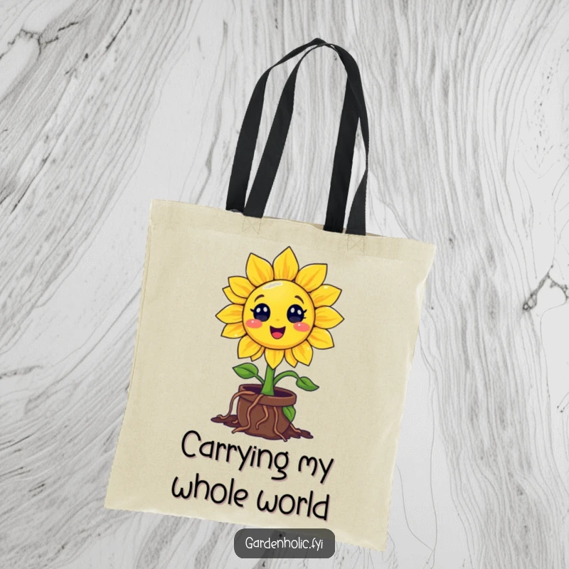 Funny Sunflower Tote Bag: Character Digging Roots Enthusiastically into a Tiny Pot, Humorous and Practical Garden Accessory