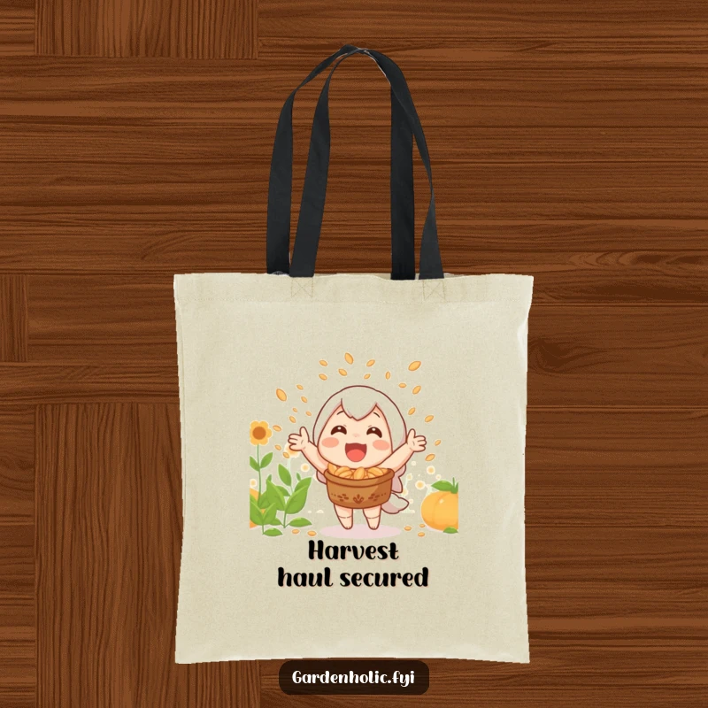 Funny tote bag illustrating a joyful character celebrating a bountiful harvest with a shower of seeds.