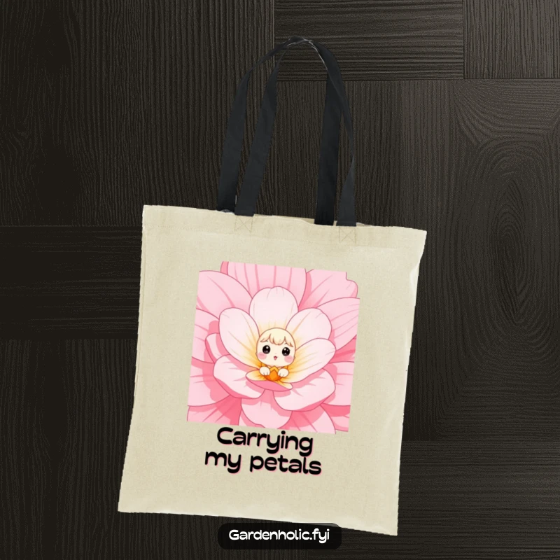 Funny Tote Bag showing a small character with wide eyes peeking out from a giant flower, embodying adorable surprise and charm.