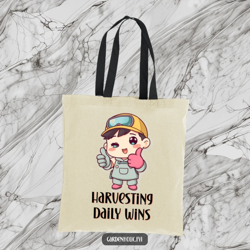 Funny tote bag with a character wearing gardening gloves and giving a thumbs up, perfect for carrying garden supplies and essentials.