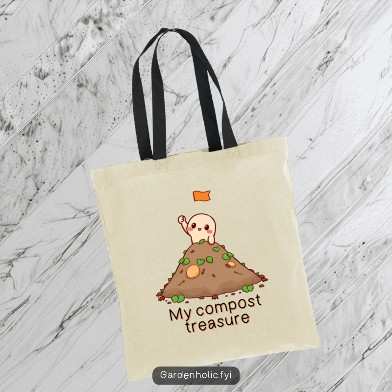 Funny Tote Bag: A character waves a tiny flag from atop a compost pile, a humorous symbol of gardening achievement.