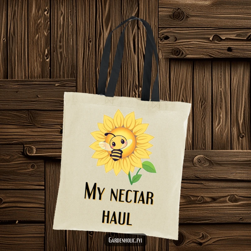 Funny Bee Sunflower Tote Bag: A curious bee buzzing around a giant glowing sunflower, for shopping.