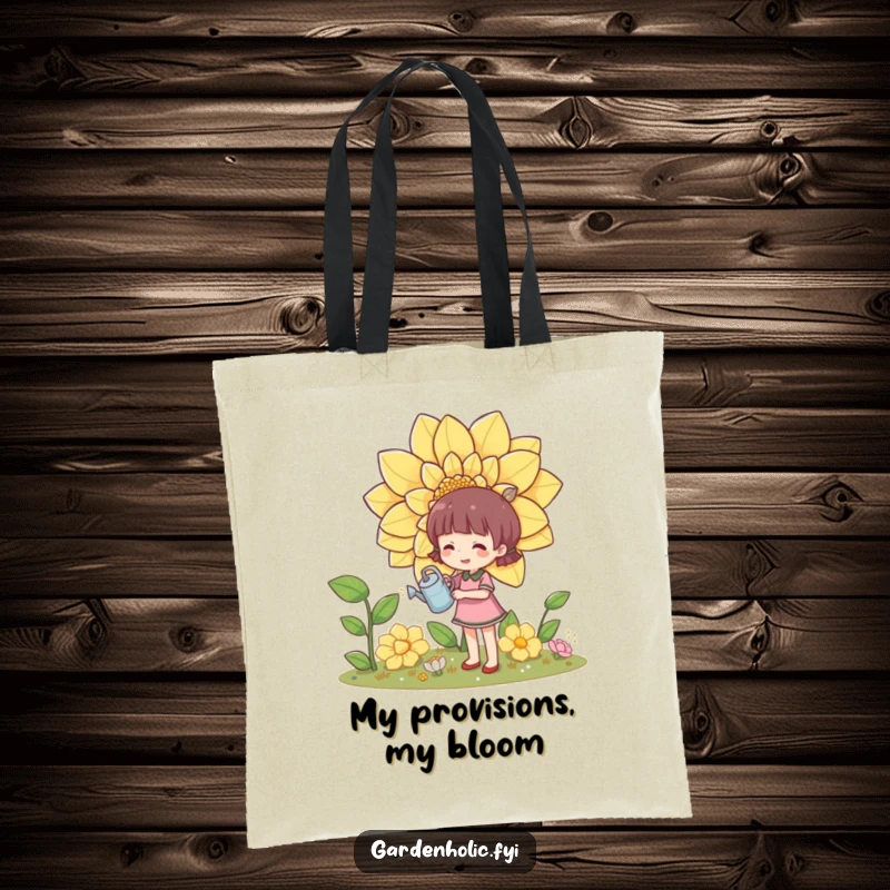 Funny tote bag illustration of a character happily watering a giant flower with a small watering can, perfect for gardeners.