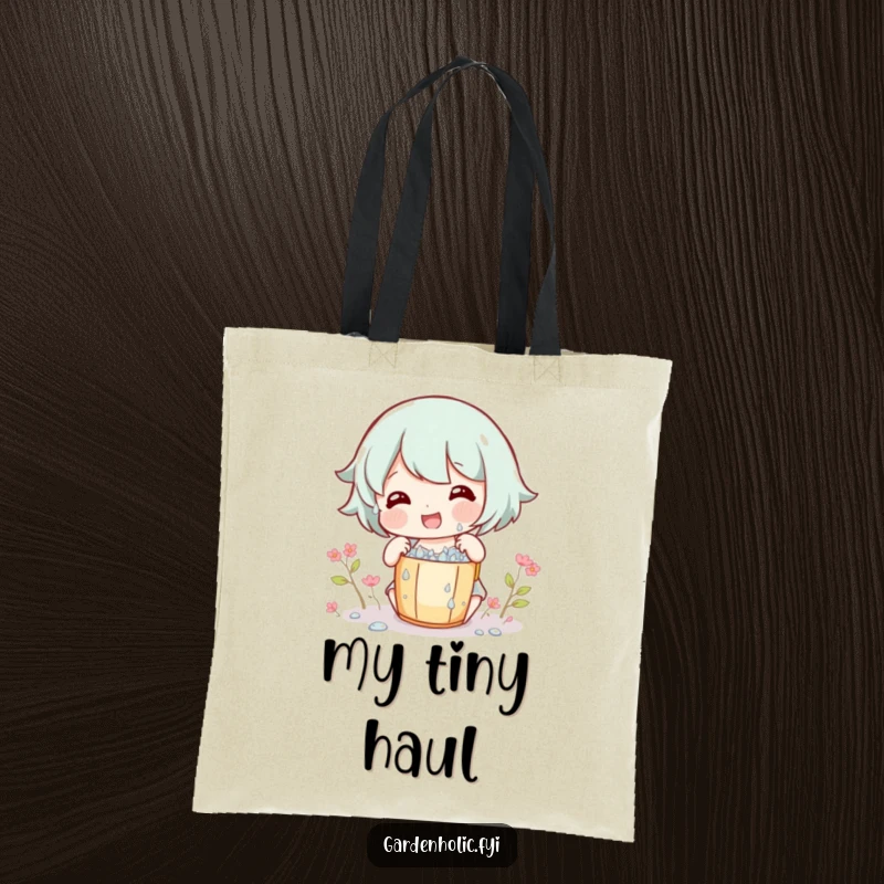 Funny Tote Bag with a gleeful character happily collecting dew drops in a small bucket, a charming accessory.